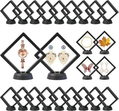 Msoesticc.dl 24 vitrinas flotantes 3D, caja de almacenamiento transparente de polietileno para anillos, aretes, collares, pulseras, a prueba de
