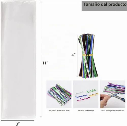 Vista 4 de Tecbeauty - 300 bolsas de celofán de 2.4 x 10 pulgadas, bolsas transparentes para barra de pretzel, 300 unidades 2 x 10 pulgadas