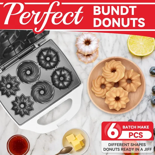 Vista 3 de SugarWhisk Máquina para Hacer Mini Donas, Mini Molde Eléctrico para Pasteles Bundt, Hornea 6 Donas Bundt con 3 Formas, Excelente para Desayuno