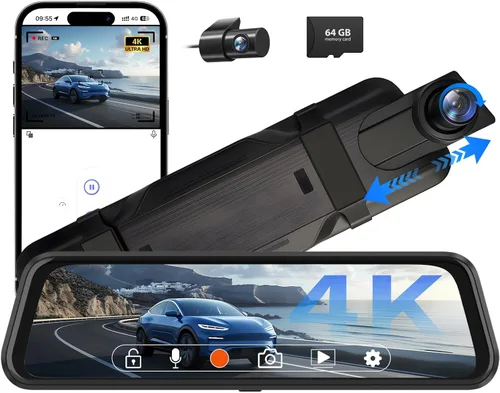 Cámara de espejo retrovisor 4K, cámara de tablero de espejo de 10 pulgadas delantera y trasera con tarjeta de 64 GB, cámara de tablero de pantalla