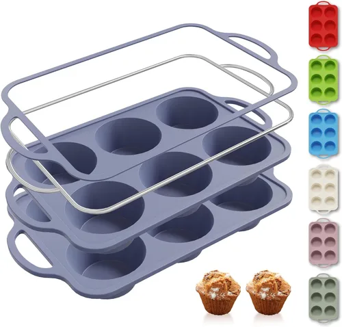 Vista 34 de 12 Tazas Molde para Muffins de Silicona con Marco Reforzado de Metal, Molde Regular para Cupcakes, Bandeja para Huevos, Moldos Circulares