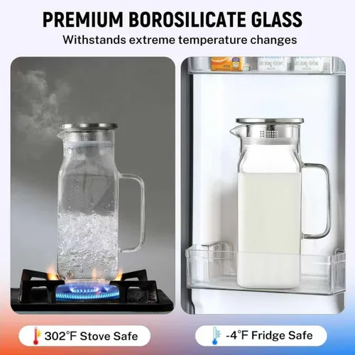 Vista 3 de 1 Pack 2 Liters/68 oz Square Glass Pitcher with Lid and Handle, Glass Carafe for Hot/Cold Water, Large Iced Tea Pitcher for Coffee, Juice