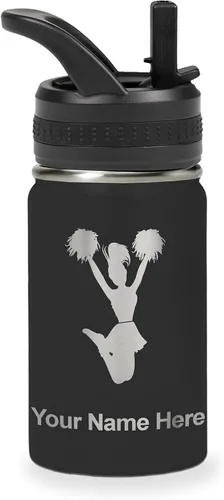 LaserGram Botella de agua con tapa abatible de doble pared de 12 onzas con pajita, animadora, grabado personalizado incluido (negro)