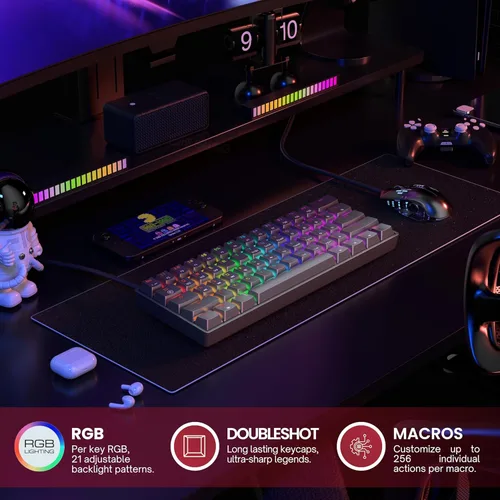Vista 3 de Teclado mecánico para juegos 61 teclas multicolor RGB iluminado LED retroiluminado con cable programable para jugadores de PCMac
