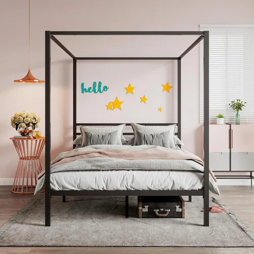 Vista 9 de SHA CERLIN Base de cama con dosel, tamaño Queen, base de colchón con soporte de listones de metal, no necesita somier, fácil montaje, color negro