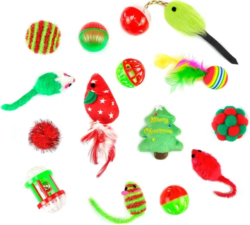 Vista 5 de CHIWAVA Paquete de 17 bolsas de juguete de Navidad para gatos, surtido de juguetes variados, juego interactivo para gatitos