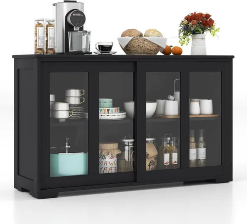 Vista 10 de NAFORT Aparador de madera con puertas correderas, mesa de consola de almacenamiento de cocina, barra de café con estante ajustable para sala