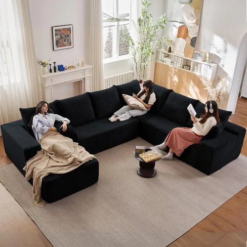 Vista 19 de Sofá modular de 95 pulgadas con otomana, moderno sofá nube de pana con asiento profundo, sofá sin hueso tapizado de 3 plazas en forma de U para sala