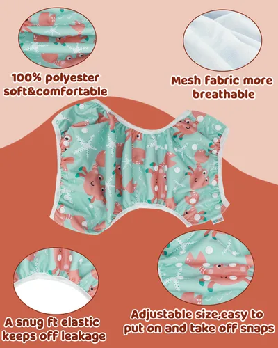 Vista 75 de Alva, Pañales de bebé para nadar, paquete de 2 unidades, talle único, reutilizable, lavable y ajustable de 0 a 36 meses. Tamaño de 10 a 40 lbs