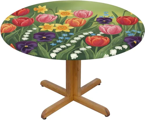 Vista 12 de Futterya Decorative Round Tablecloth Fitted Elastic Waterproof Table Cloth Cover Stretch Table Pad Cover for Parties Weddings Banquet Outdoor Events