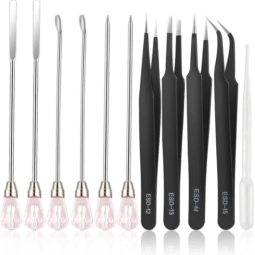 Vista 15 de Juego de 11 herramientas de moldes de resina de silicona, agujas para agitar, cuchara, herramientas de precisión, juego de pinzas electrónicas