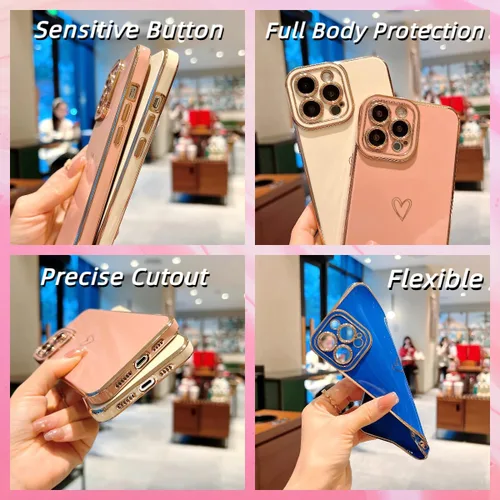 Vista 3 de Funda compatible con iPhone 11 Pro Max para mujeres y niñas, estética, bonita, de lujo, a la moda, diseño de corazón dorado, delgada de silicona, a