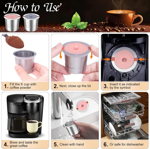 Vista 6 de Kcup - Cápsulas de café recargables: tazas K reutilizables de acero inoxidable para Keurig Metal K Cup - Filtro de café reutilizable rosa y gris