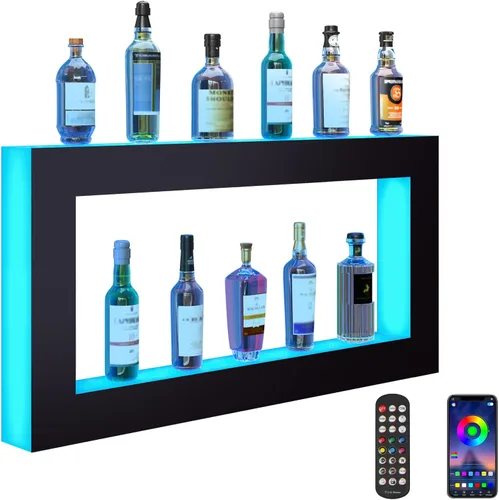 Vista 9 de VEVOR Pantalla de botella de licor con iluminación LED, 2 niveles de 30 pulgadas, compatible con USB, estante iluminado de bar para el hogar