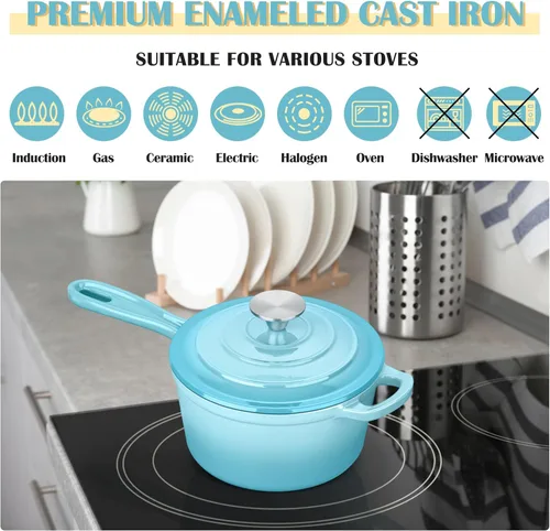 Vista 5 de E-far Cacerola de hierro fundido esmaltado con tapa, cacerola para horno holandés de 1 cuarto de galón, mini olla para salsa para cocinar, hervir