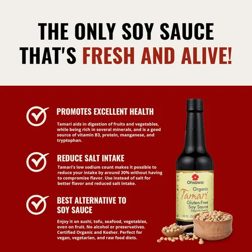 Vista 4 de Ohsawa Tamari orgánico, elaborado tradicionalmente en barriles de cedro para mayor sabor, salsa de soja japonesa, baja en sodio, sin gluten, vegano