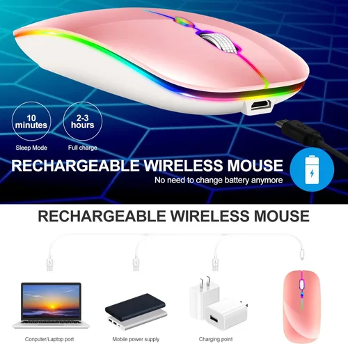 Vista 5 de KLO Ratón Bluetooth recargable con LED (BT5.2+Tipo-C+USB2.4G) para MacBook/MacBook Air/Pro/iPad/Laptop/Notebook/PC/Chromebook (A LED/Rosa)