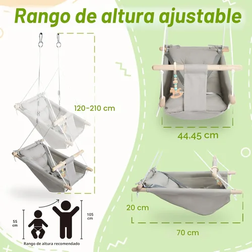 Vista 5 de Columpio para bebé interior y exterior, columpio de hamaca de lona para bebé a niño pequeño con un asiento cómodo, juguete de madera tipo macarrón