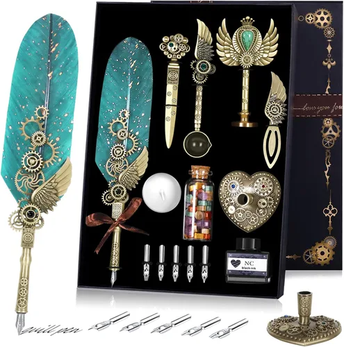 NC Juego de bolígrafo y tinta, bolígrafo de caligrafía de plumas, sello de cera, regalo del día de San Valentín, ideal para los amantes de la Verde