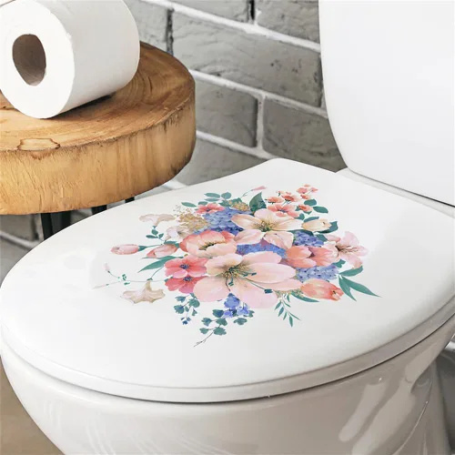 Vista 3 de Calcomanías de flores para tapa de asiento de inodoro, autoadhesivas, removibles, para la pared del baño, calcomanías para cubierta de tapa