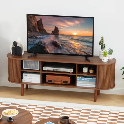 Vista 60 de Soporte de TV, mesa consola multimedia con puerta corredera y compartimento de almacenamiento, centro de entretenimiento moderno con almacenamiento