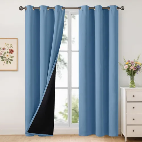 Vista 202 de YoungsTex - Cortinas 100% opacas para dormitorio, con aislamiento térmico y ojales, cortinas oscuras negras con capa pesada para ventana de sala