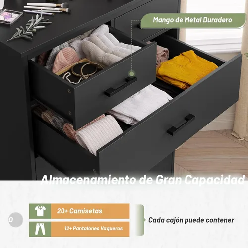 Vista 3 de Hasuit Cómoda negra para dormitorio, organizador de ropa con torre de almacenamiento de madera de 6 cajones, cómoda de 6 cajones, gabinete