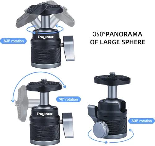 Vista 3 de Mini cabeza de bola con tornillo de 1/4 de pulgada adaptador de montaje de rosca de 3/8 pulgadas, cabezal de trípode de aluminio giratorio de 360