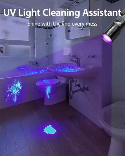 Vista 4 de Linterna de luz negra, luz UV USB C recargable con pantalla LCD, lámpara Woods con zoom 2N1, luz negra de 395 NM para detección de orina