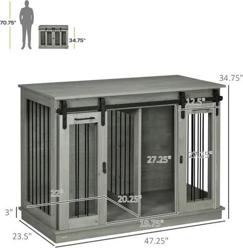 Vista 3 de PawHut Mueble de jaula para perros con divisor, mesa auxiliar de jaula para perros pequeños a grandes, perrera grande de interior con puertas