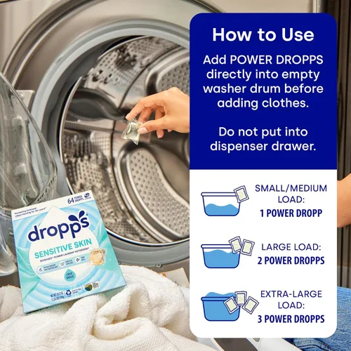Vista 4 de Dropps Cápsulas de detergente para ropa de piel sensible, Crisp Breeze (64 unidades) - Hipoalergénico y probado por dermatólogos Sin tintes