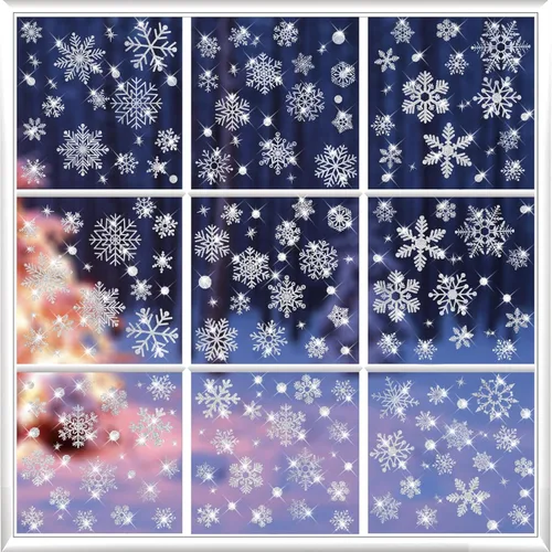 Vista 2 de 100 adhesivos navideños para ventanas de cristal, calcomanías de ventana de Navidad con copos de nieve, adhesivos estáticos de doble cara