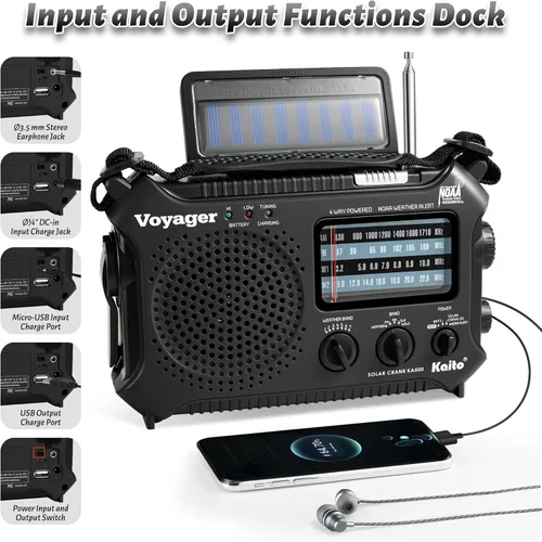 Vista 4 de Radio de alerta meteorológica Kaito KA500 de emergencia AM/FM/SW con 5 funciones Negro