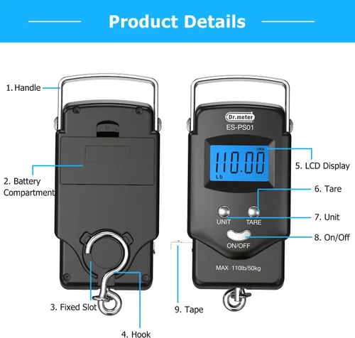 Vista 5 de Dr.meter Báscula de Pescado Báscula de Equipaje Equipo de Pesca - 110lb Pantalla LCD Digital Retroiluminada con Cinta Métrica Incorporada - Báscula