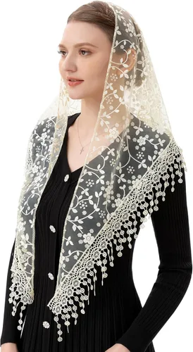 Vista 4 de PAMOR Triángulo velo de encaje Mantilla Catedral cabeza cubierta capilla velo para bodas masivas damas de honor