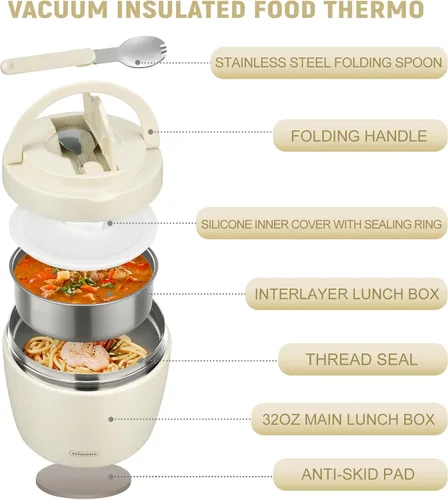 Vista 2 de wiwens Tarro térmico para alimentos calientes para adultos, 32 onzas, recipientes térmicos para sopa de almuerzo, boca ancha, aislamiento al vacío