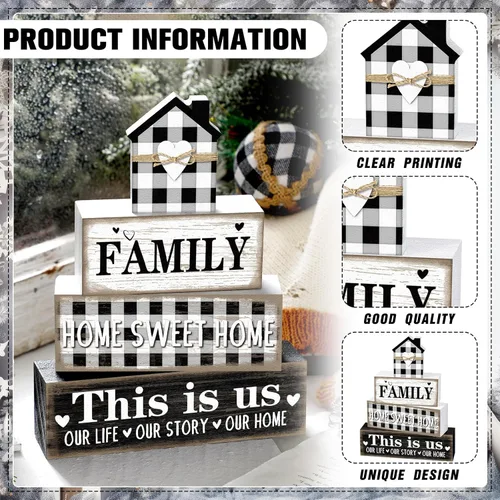 Vista 4 de Cinnvoice Decoración de mesa de madera estilo granja rústico para el hogar, centros de mesa "Home Sweet Home" Este es nuestro letrero de bloque