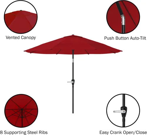 Vista 3 de Pure Garden Sombrilla de patio con inclinación automática de 10 pies con manivela fácil con base pesada de 19 libras para terraza, muebles de Rojo