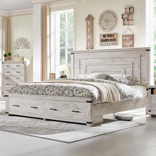 Vista 3 de RedLemon - Base de cama estilo granja tamaño Queen de madera con cabecera geométrica de 137 cm de altura, 2 cajones de almacenamiento grandes