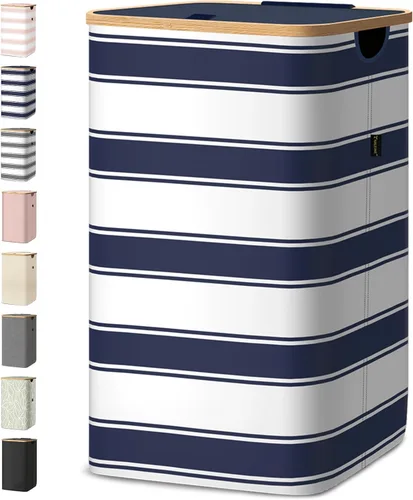 Vista 34 de BALEINE Cesta de lavandería con tapa, cestas altas para la ropa sucia con asas de bambú, contenedor grande para la ropa sucia con soporte interno