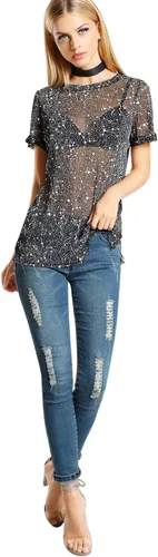 Vista 5 de WDIRARA Blusa de malla para mujer con purpurina transparente y de manga corta