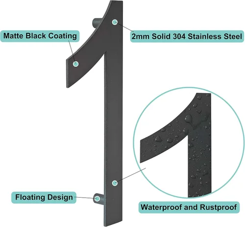 Vista 4 de Números grandes de acero inoxidable de 6 pulgadas, número de puerta de dirección de casa moderno negro para exterior, fácil de instalar, negro mate