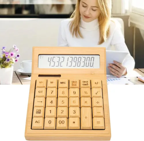 Vista 9 de Zopsc Calculadora de bambú, calculadoras solares de madera con pantalla LCD digital de 12 bits, calculadoras de escritorio de función estándar