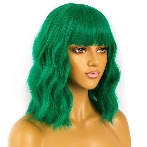 Vista 7 de Pelucas cortas estilo Bob con flequillo para mujer, peluca ondulada suelta rizada ondulada longitud al hombro, peluca sintética estilo Bob para Verde
