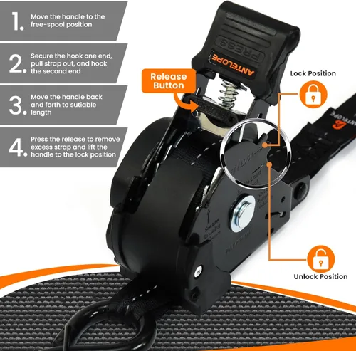 Vista 4 de Correas de trinquete retráctiles (2 unidades) – Correas de amarre de trinquete automaitc de 1 pulgada x 12 pies con bucles suaves, correa