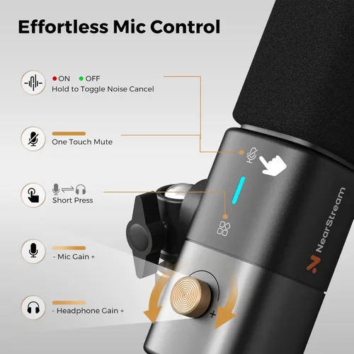 Vista 6 de NearStream AM25X Gen2 Micrófono de Condensador XLR/USB con Cancelación de Ruido/Control de Volumen/Entrada de Auriculares/Silencio, Micrófono