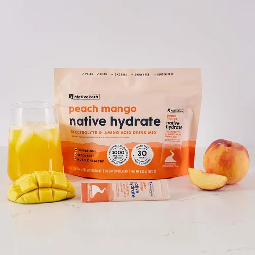 Vista 8 de NativePath Peach Mango - Paquetes de electrolitos sin azúcar, 30 porciones, 14 vitaminas, 2000 mg de BCAA y 9 aminoácidos, polvo de hidratación keto