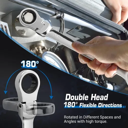 Vista 2 de DISEN Llave de trinquete de cabeza flexible extra larga de 0.394-0.433 in, llave de trinquete de largo alcance con extremo de caja doble, acero CRV