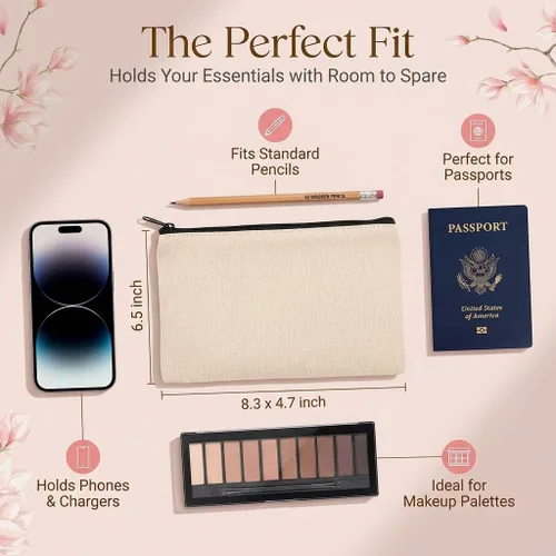 Vista 4 de Bolsa de lona en blanco con cremallera, bolsas de maquillaje a granel, bolsa multiusos de lona para lápices con cremallera resistente, bolsa