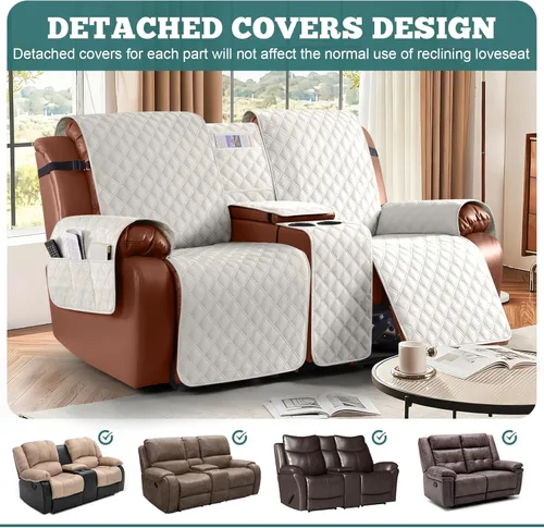Vista 3 de Ruaozz Funda impermeable para sofá biplaza reclinable con consola, funda antideslizante para sofá reclinable dividido, con correas elásticas, Beige